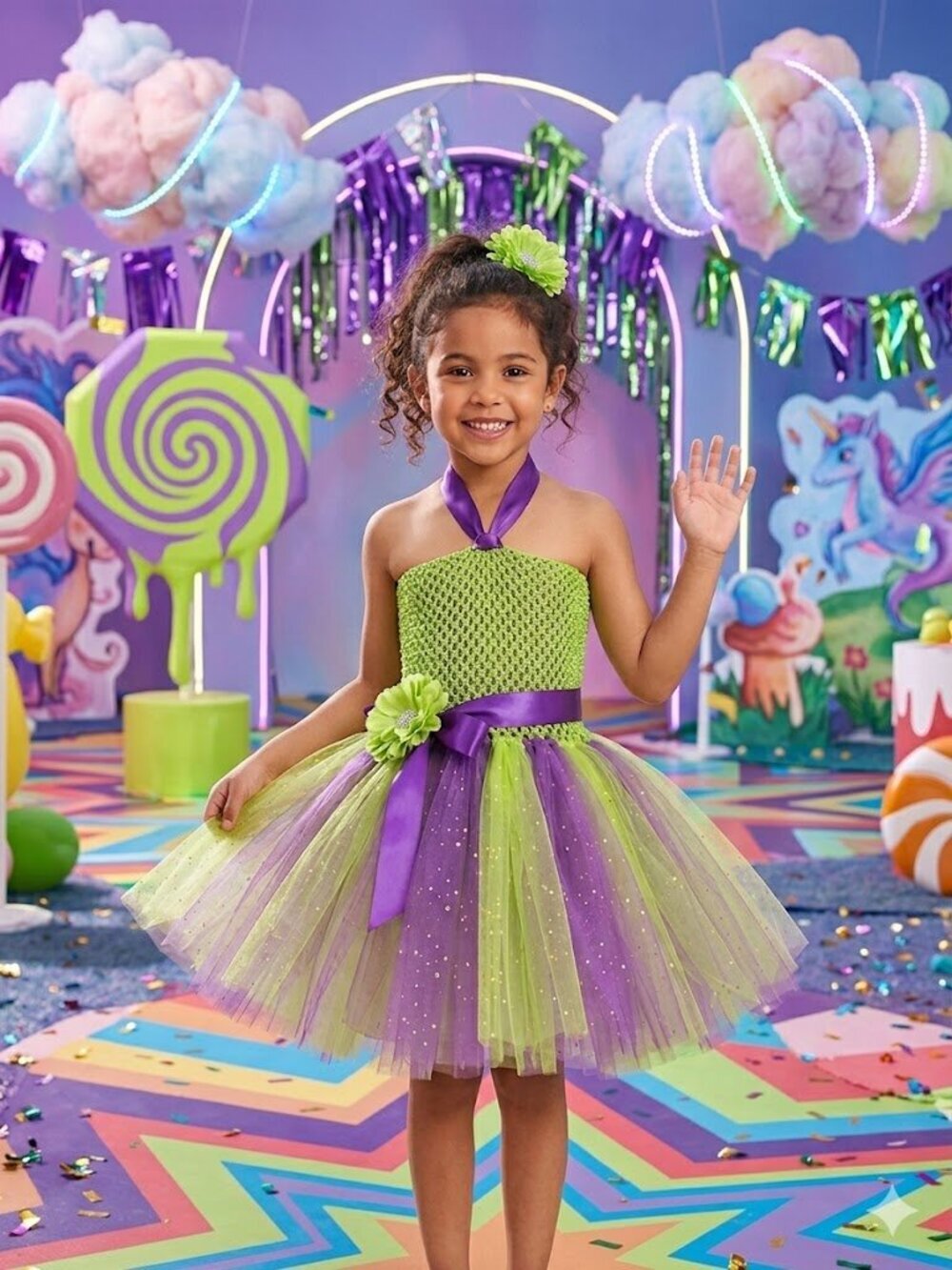 Handmade Purple & Lime Green Tulle Tutu Fairy Dress for Kids